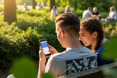Młody mężczyzna i kobieta siedzą na ławce w parku, patrząc na stronę internetową w telefonie komórkowym. Wygenerowane przez AI.