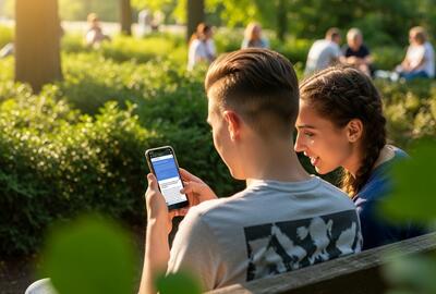 Młody mężczyzna i kobieta siedzą na ławce w parku, patrząc na stronę internetową w telefonie komórkowym. Wygenerowane przez AI.