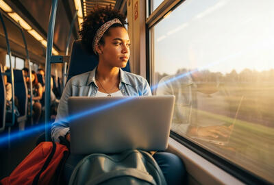 Kobieta korzystająca z laptopa w pociągu, zajęta pracą, podczas gdy za oknem przesuwa się krajobraz. Wygenerowane przez AI.