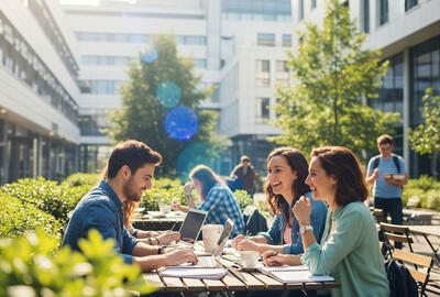 Trzech studentów siedzących przy stole na słonecznym dziedzińcu, rozmawiających i uczących się razem. Wygenerowane przez AI.